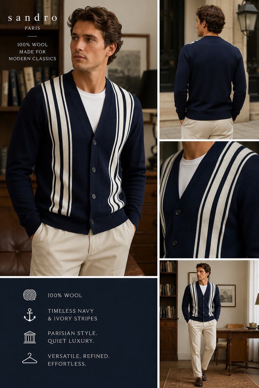 Quiet Luxury Sandro Paris Mens 100% Wool Navy Striped Cardigan Minimalist Preppy